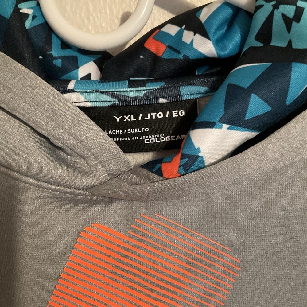 Under Armour Hoodie UA ColdGear Big Logo Gray Pullover Boys Youth Xl - Picture 3 of 8